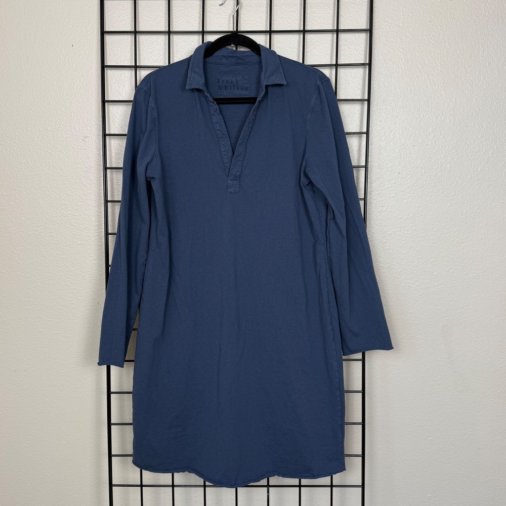 Frank & Eileen Popover Henley Shirt Dress Womens L Blue Long Sleeve Raw Hem